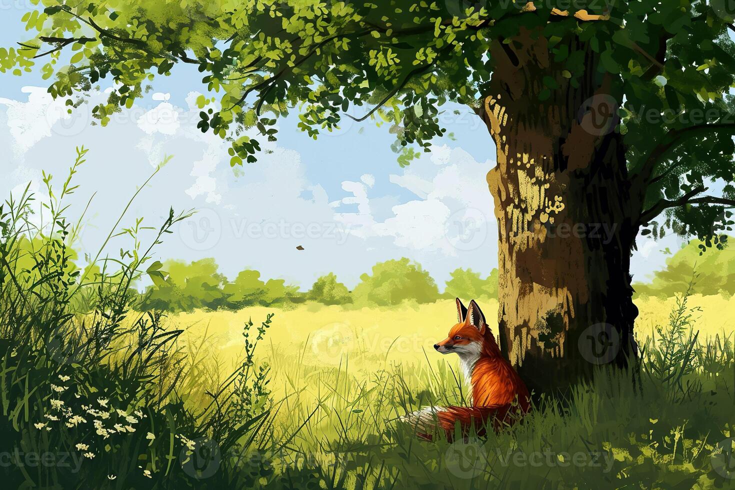 A painting of a fox sitting under a tree photo