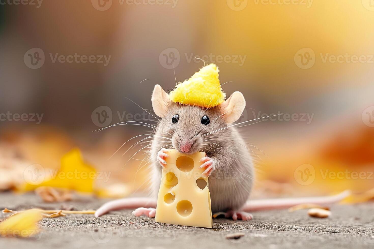 A mouse with a cheese hat on its head photo