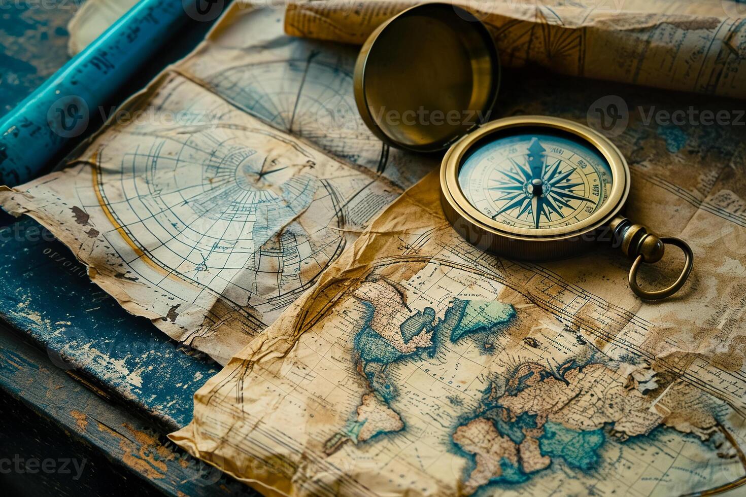 An old map, compass and other items on a table photo