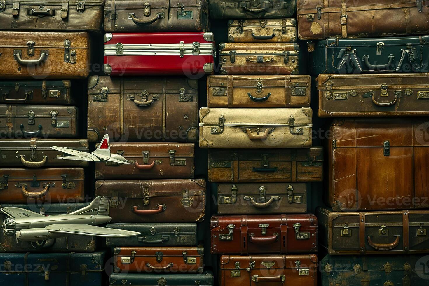 A pile of suitcases and a plane flying through the air photo