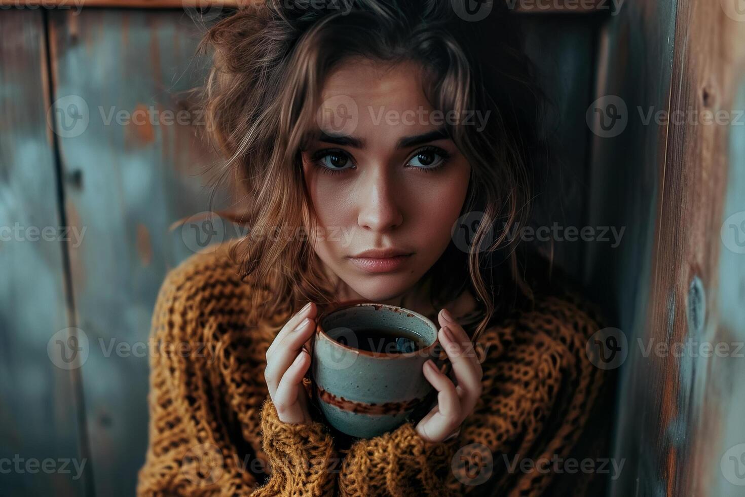 A woman in a sweater holding a coffee cup photo