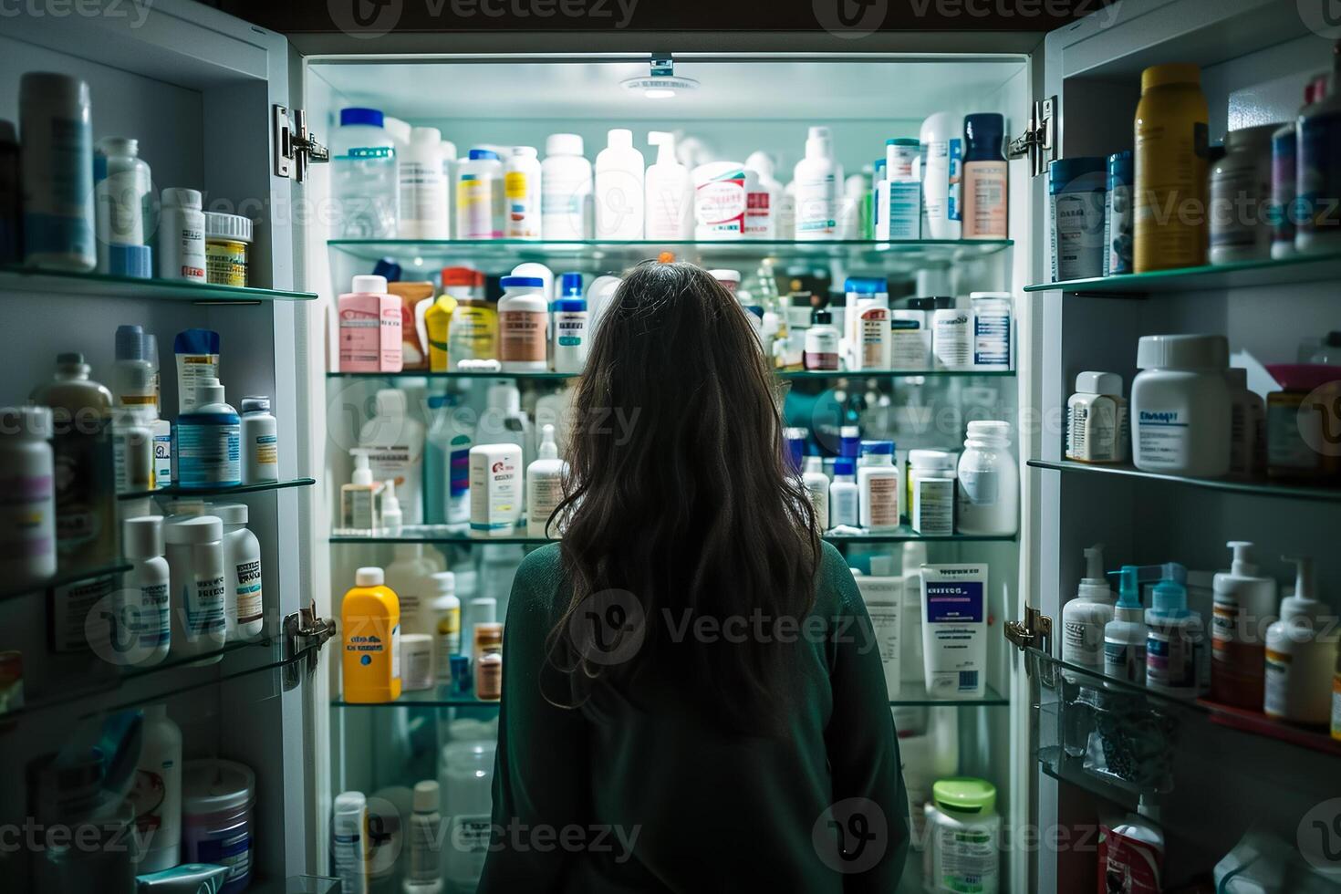 A woman standing in front of a cabinet filled with medicine photo