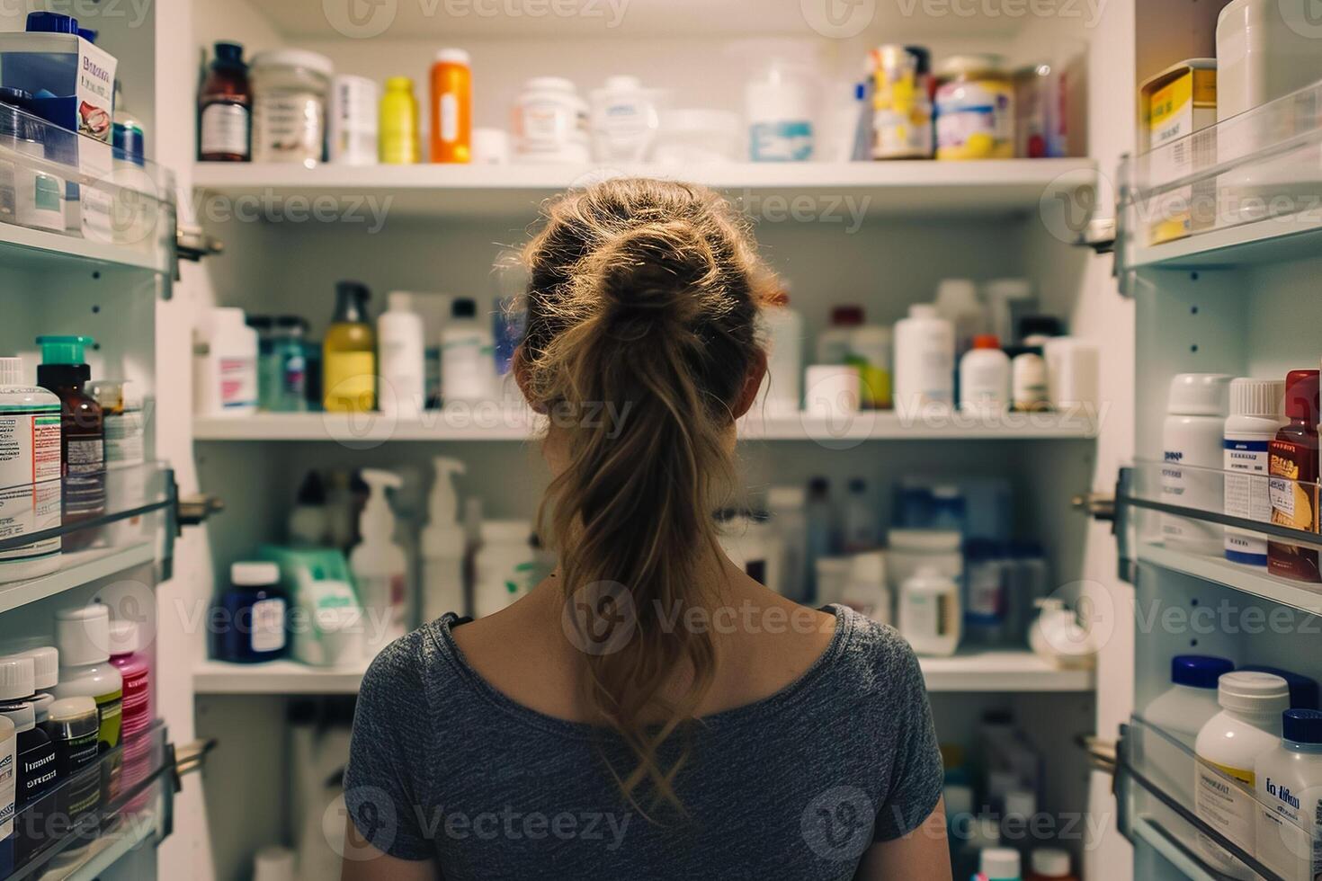 A woman standing in front of a medicine cabinet photo