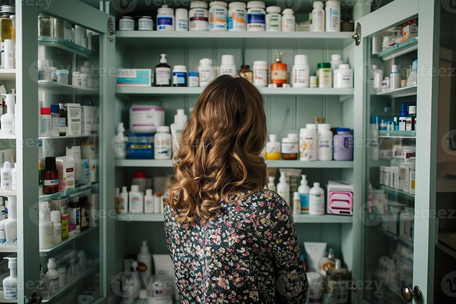 A woman standing in front of a cabinet filled with medicine photo