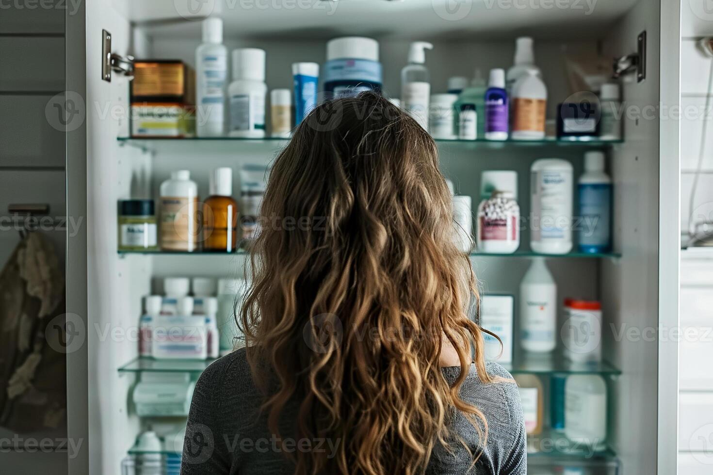 A woman looking at a cabinet full of medicine photo