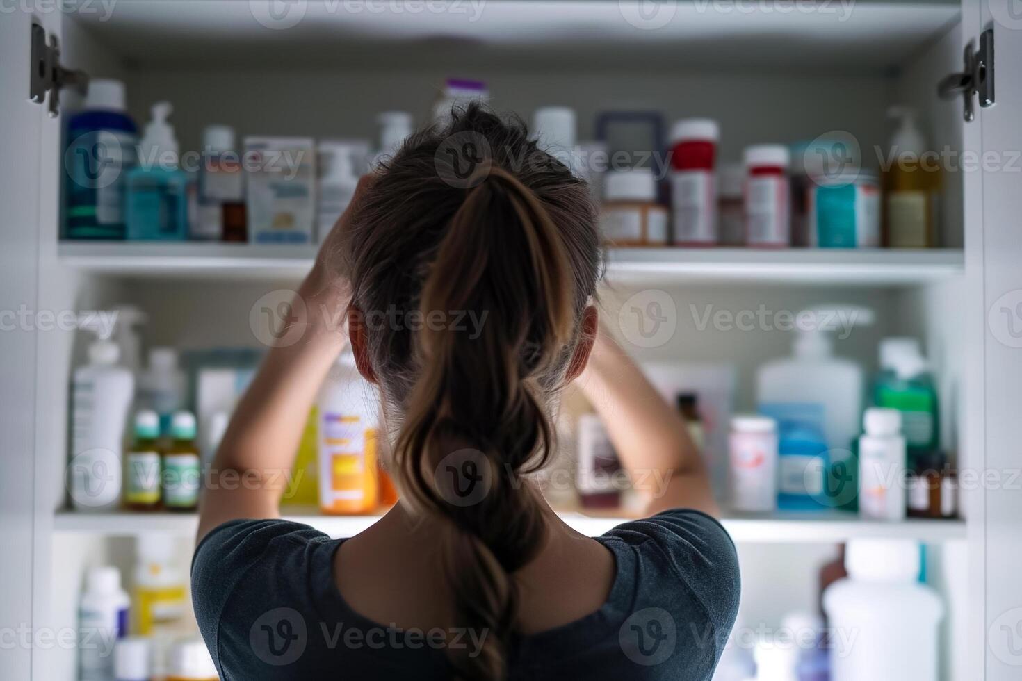 A woman is looking into a cabinet filled with medicine photo