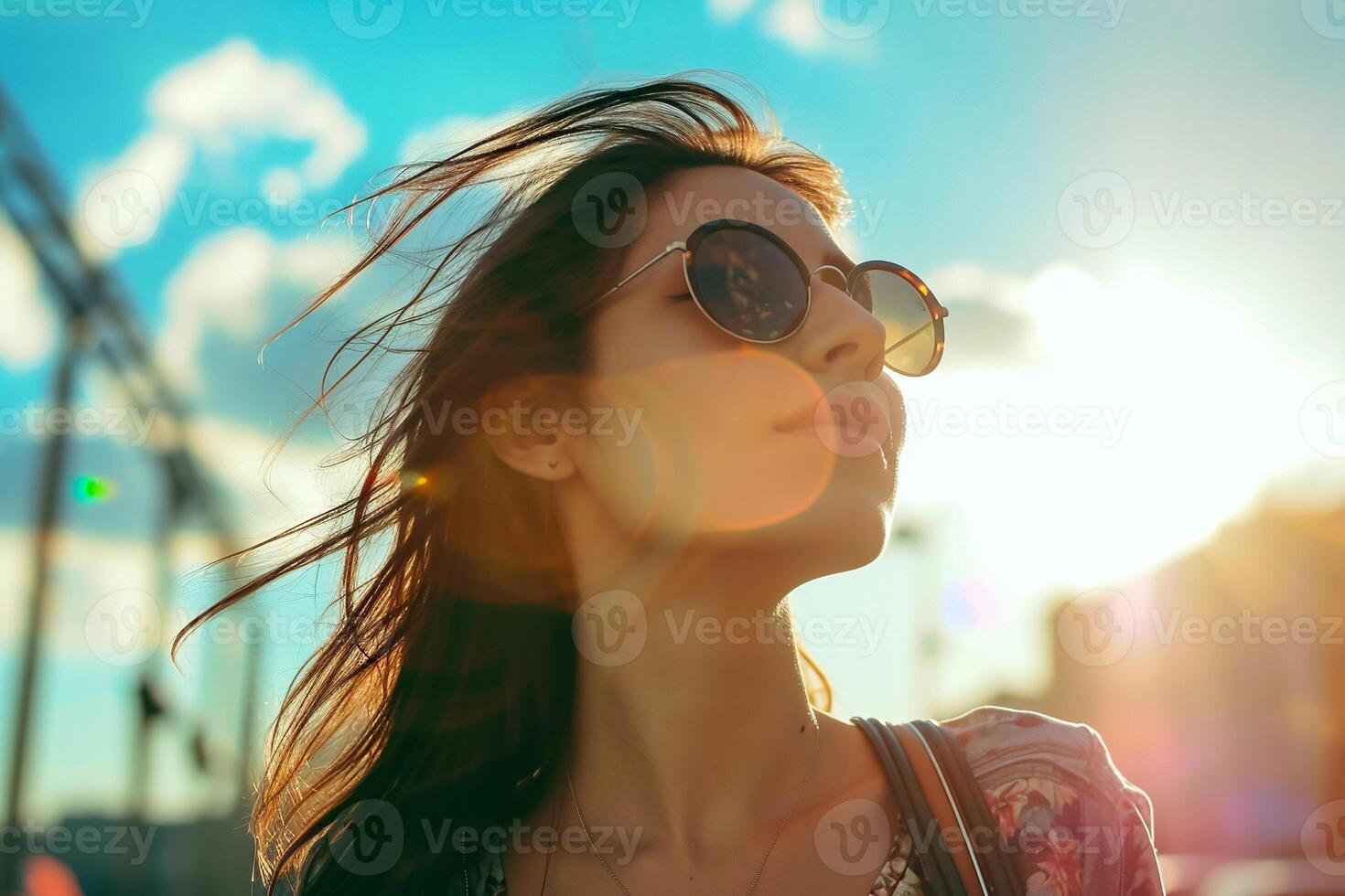 A woman wearing sunglasses and looking up at the sun photo