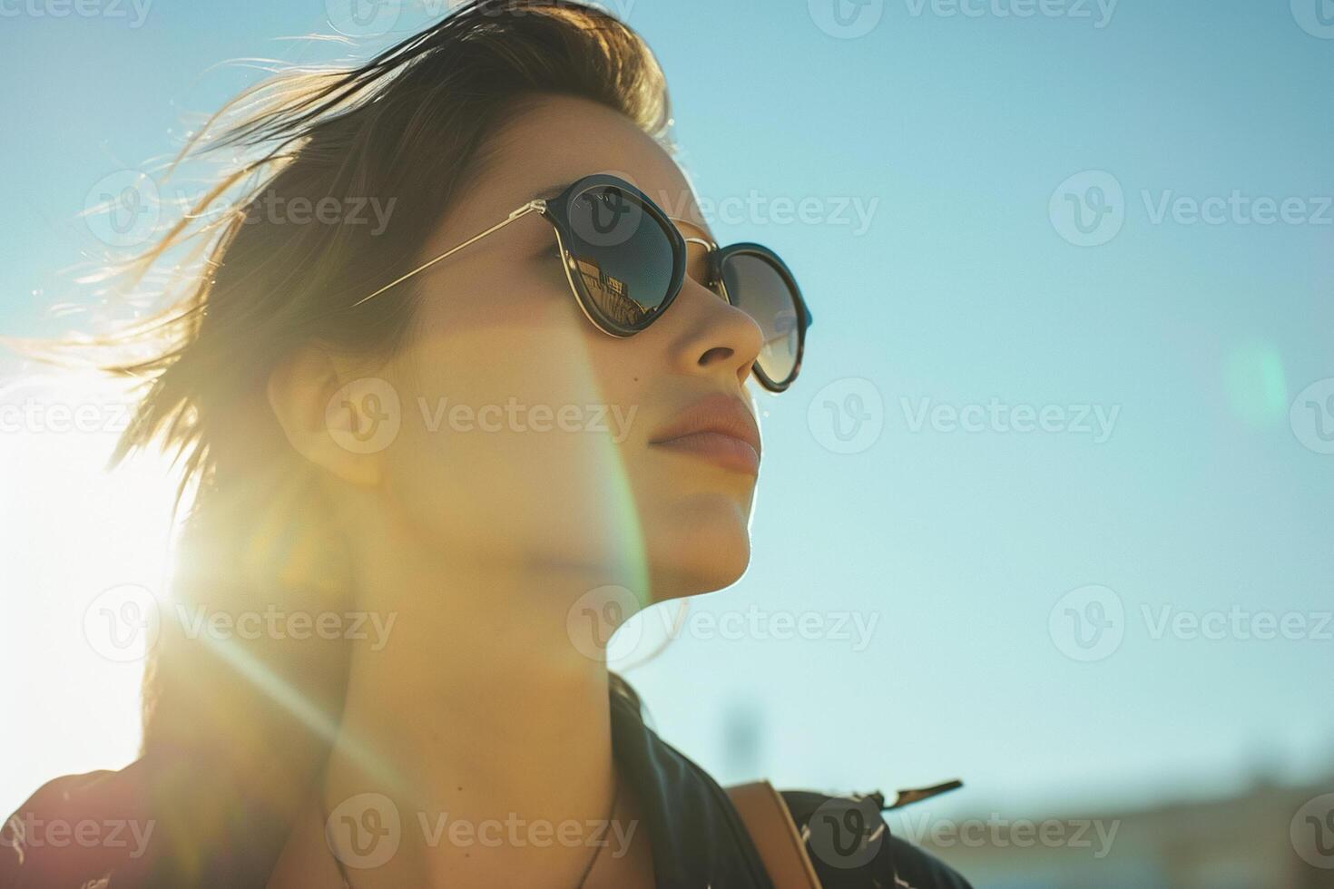 A woman wearing sunglasses and a leather jacket photo