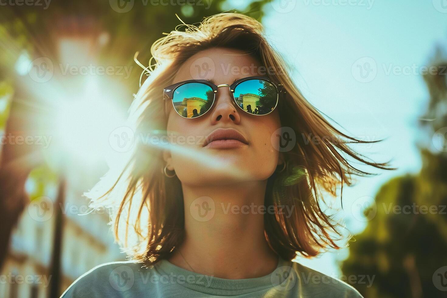 A woman wearing sunglasses and looking up at the sun photo