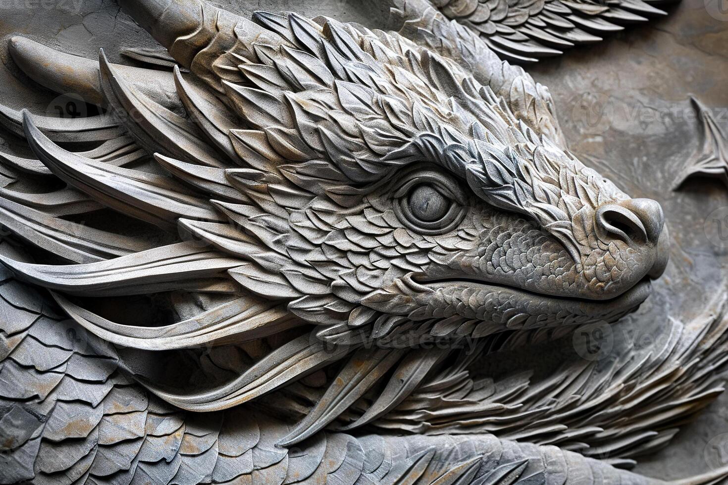 A close up of a dragon head on a wall photo