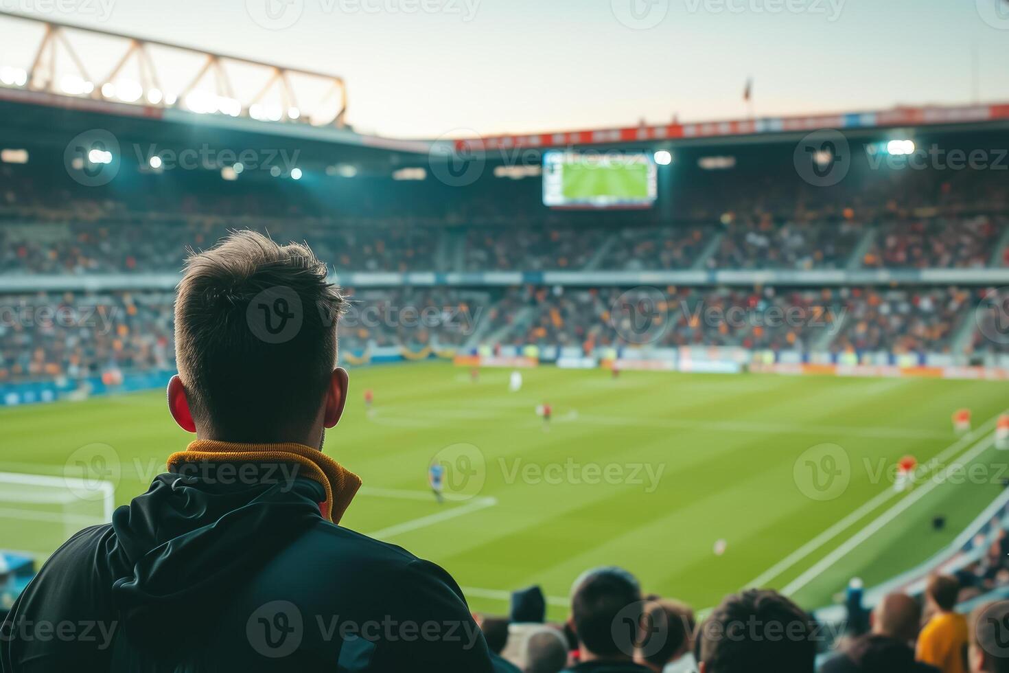 A man watching a soccer game in a stadium photo