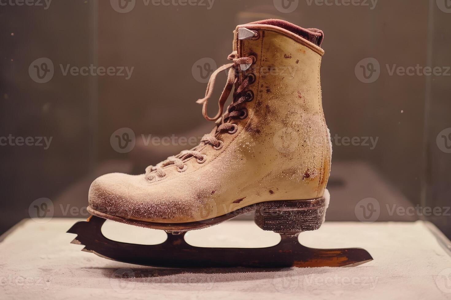 An old ice skates on display in a museum photo