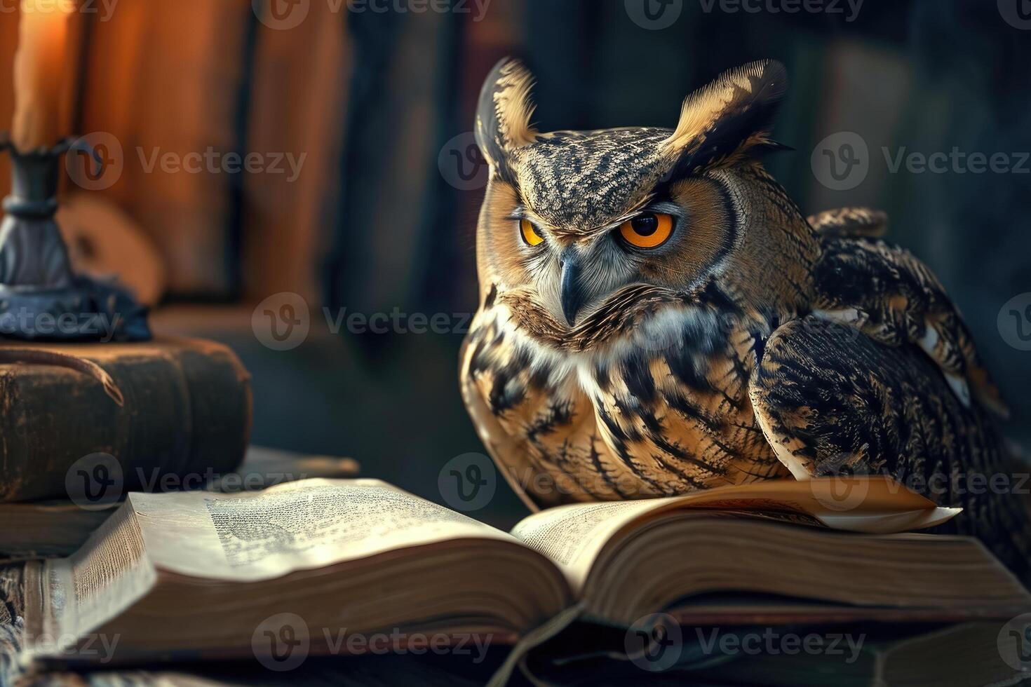 Owl reading book on table with candles photo