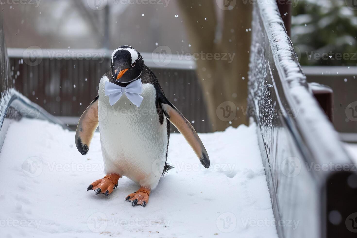 A penguin wearing a bow tie walking down a snowy path photo