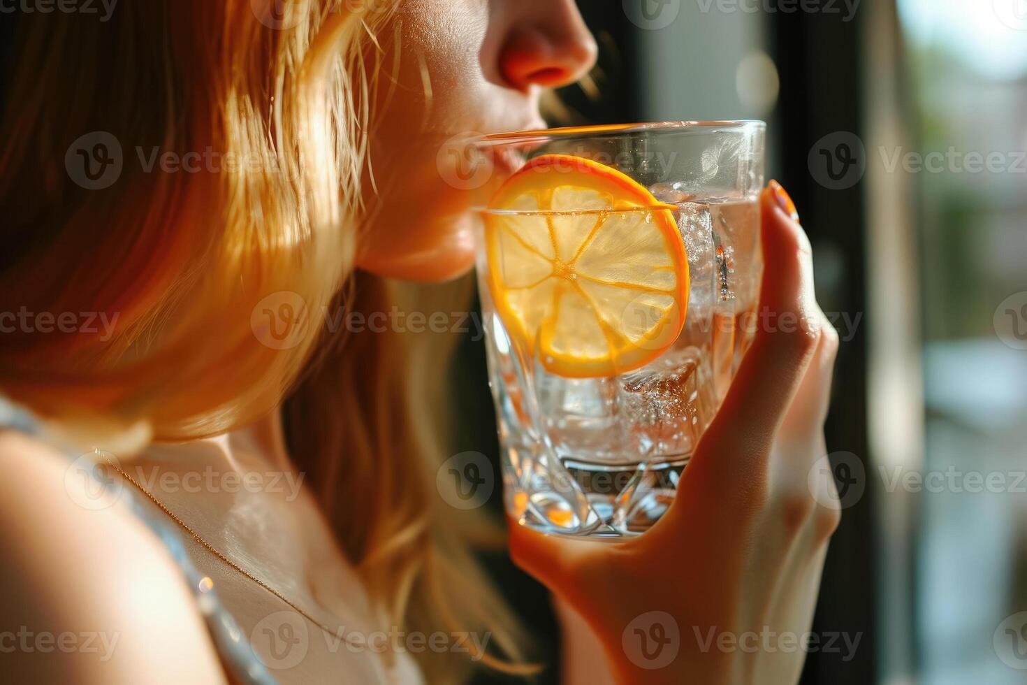 A woman drinking water with a slice of lemon photo