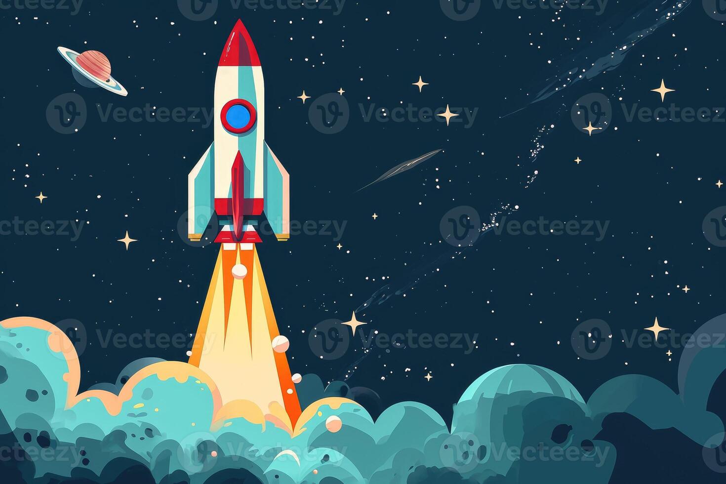 An illustration of a rocket flying through space photo