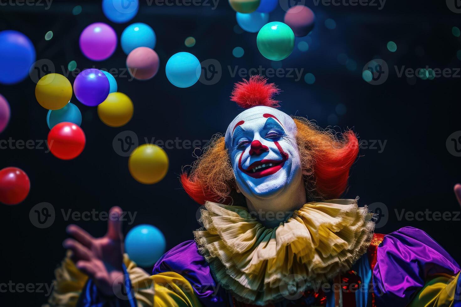 A clown with colorful balloons in the air photo