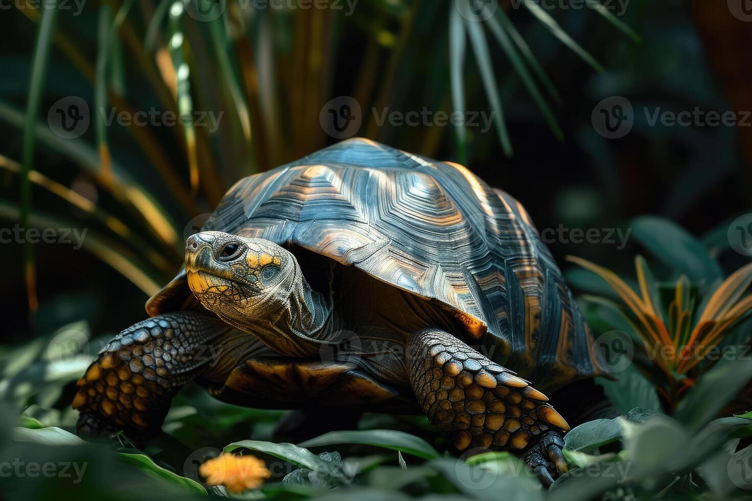 A tortoise is walking through the grass photo