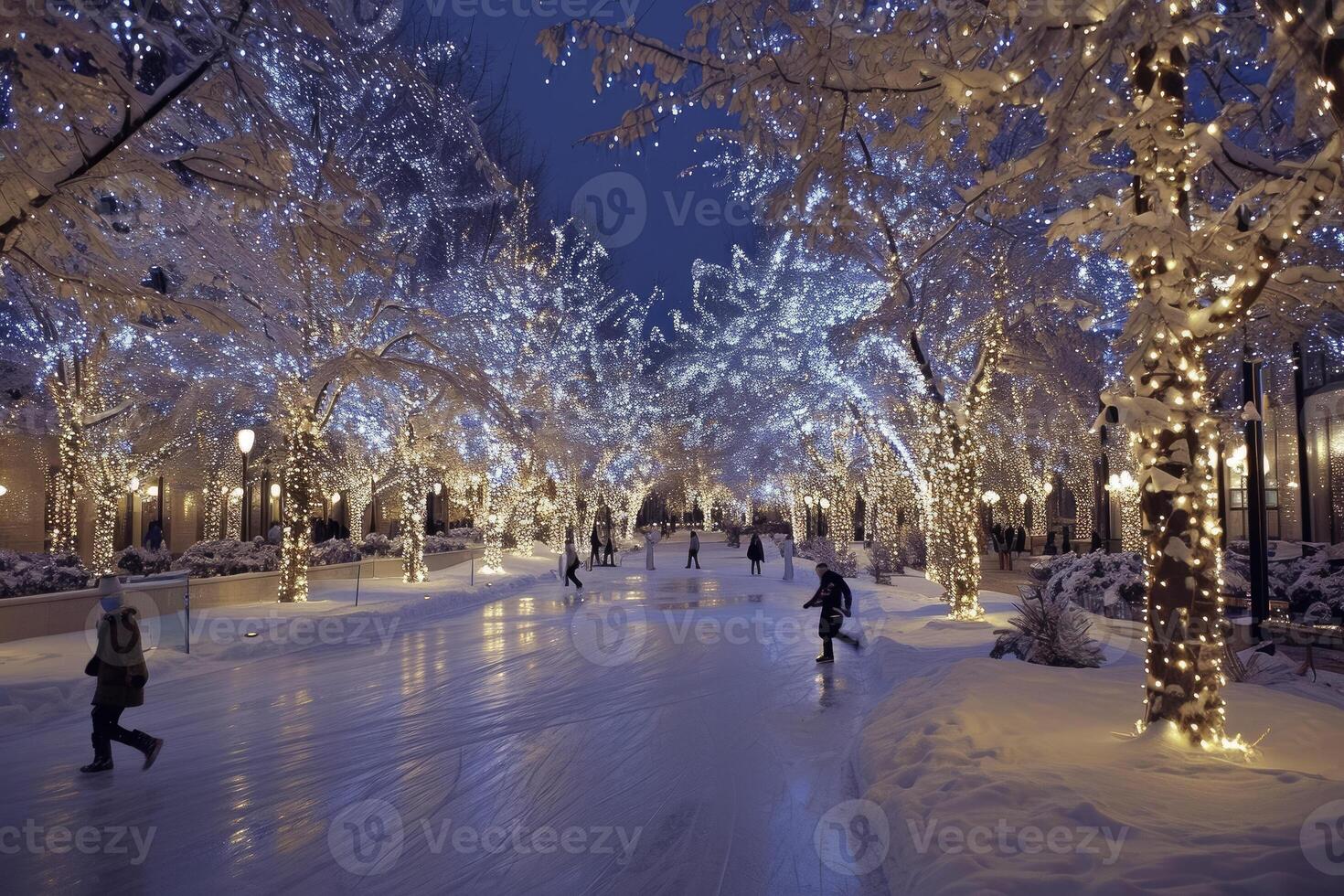 A snowy street lined with trees and lights photo