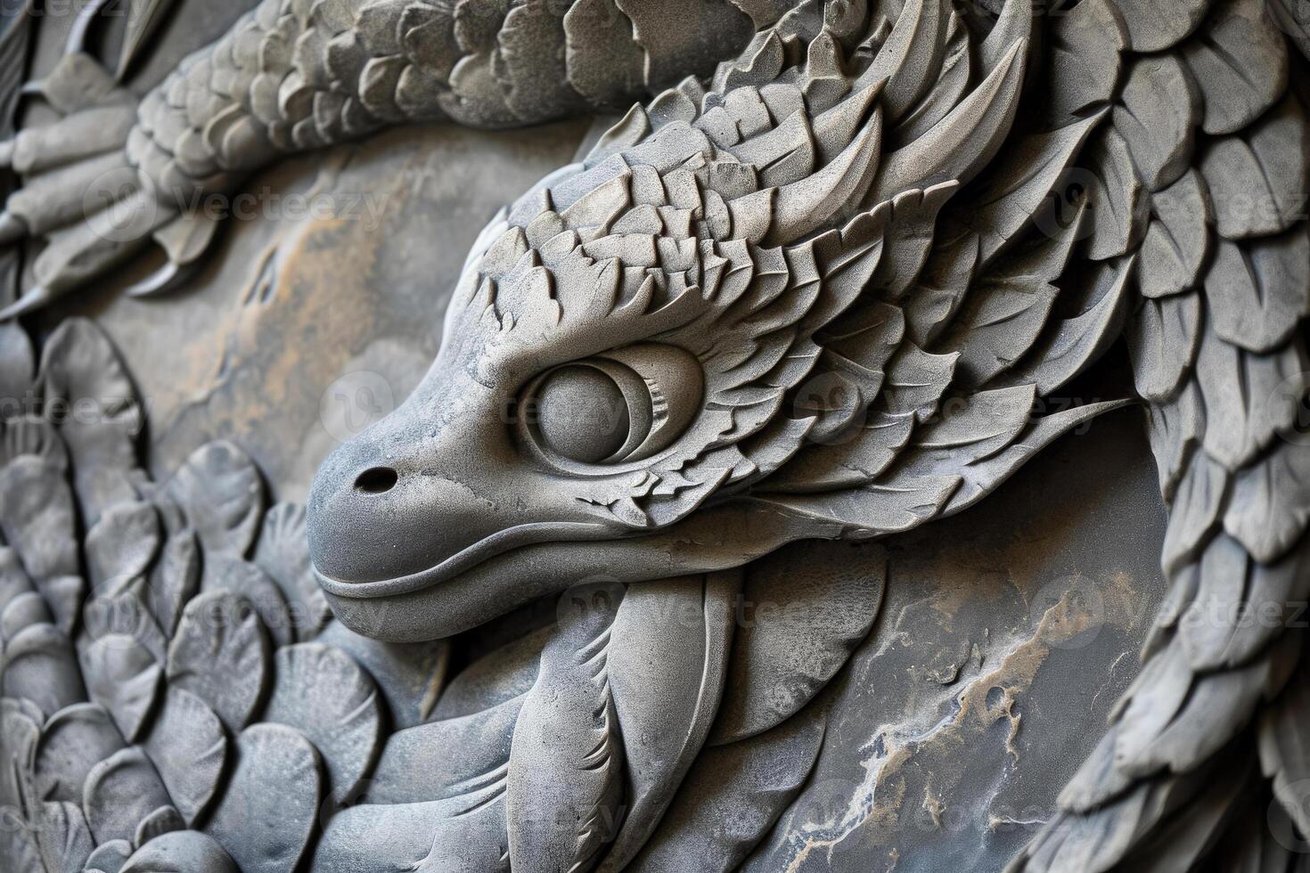 A close up of a stone carving of a dragon photo