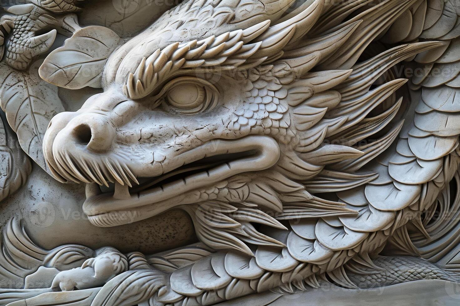 A stone carving of a dragon head photo
