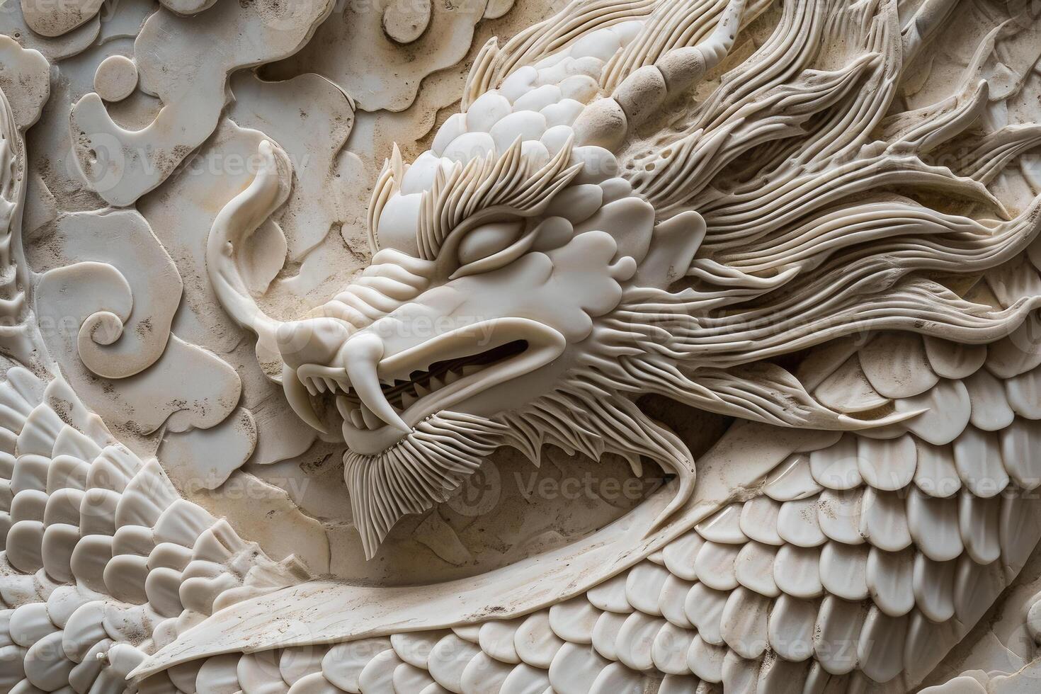 A dragon is carved into a stone wall photo