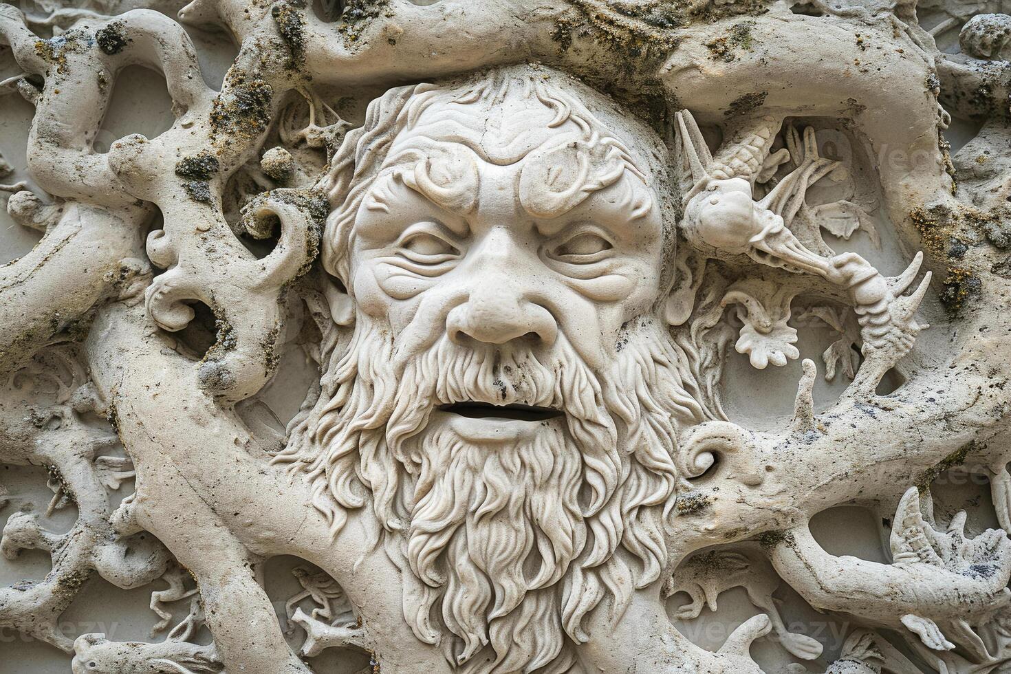 A statue of a man with a beard and a tree photo