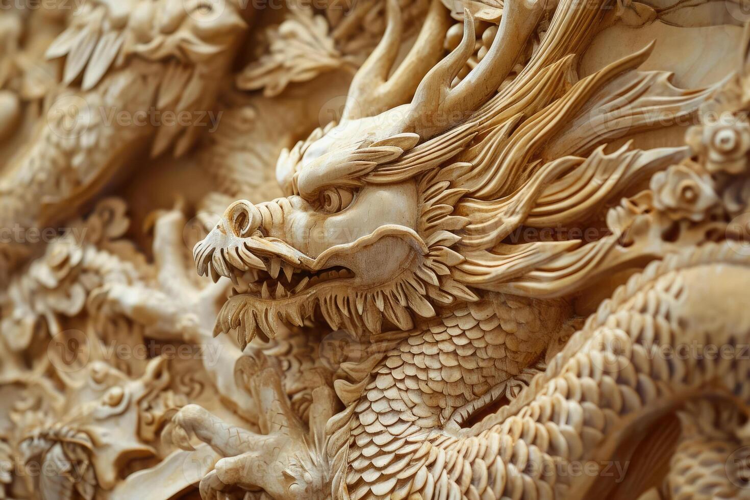 A close up of a carved dragon on a wall photo