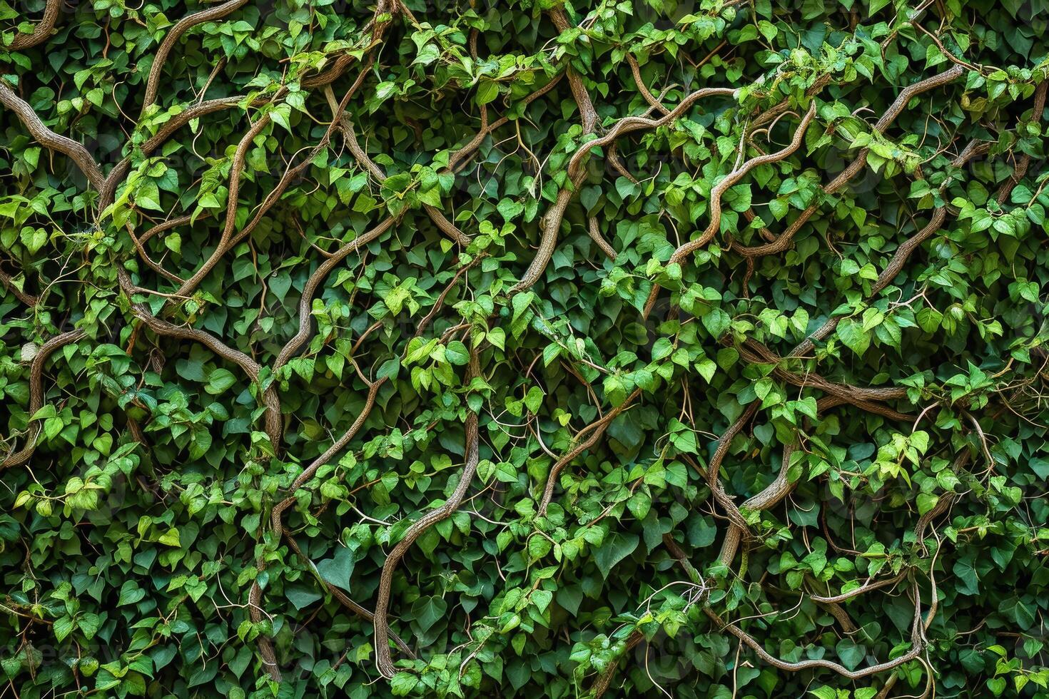 A wall covered in vines with green leaves photo