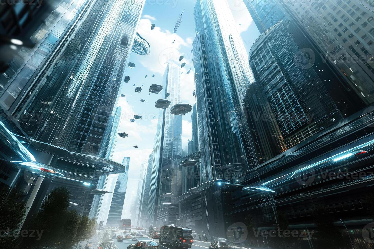 A futuristic city with lots of buildings and flying cars photo