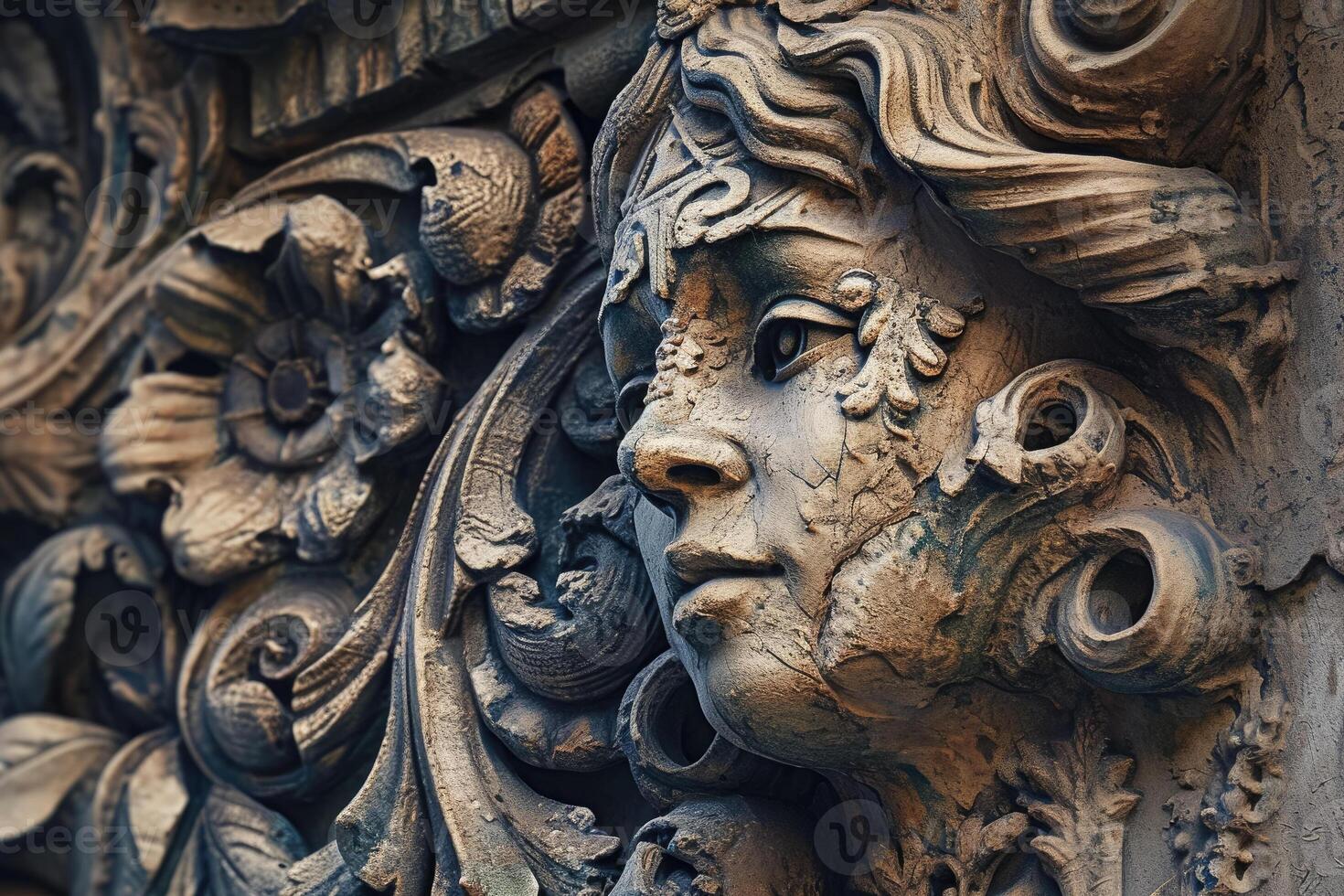 A close up of a carved face on a wall photo