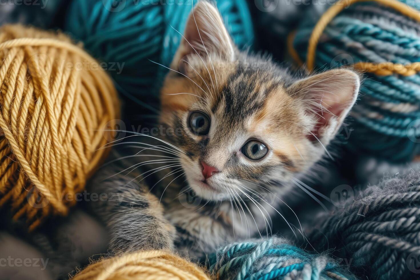 A kitten is surrounded by balls of yarn photo