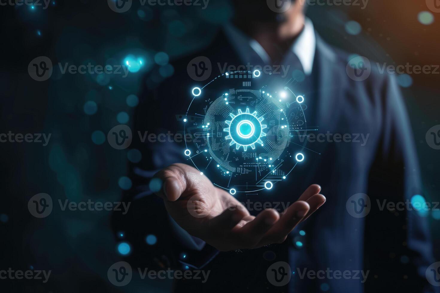 Businessman holding futuristic technology interface in hand photo