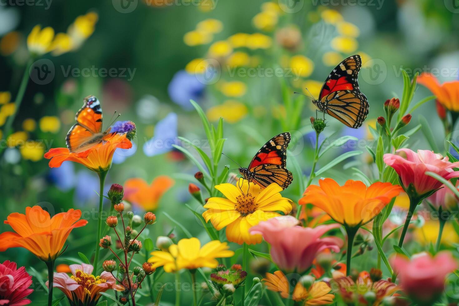 Butterflies are flying around a field of flowers photo