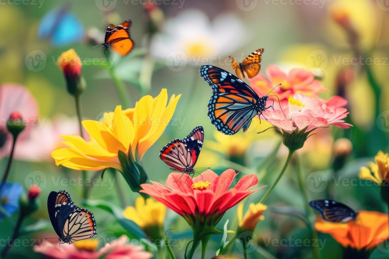 Butterflies and flowers in a field with a blurred background photo