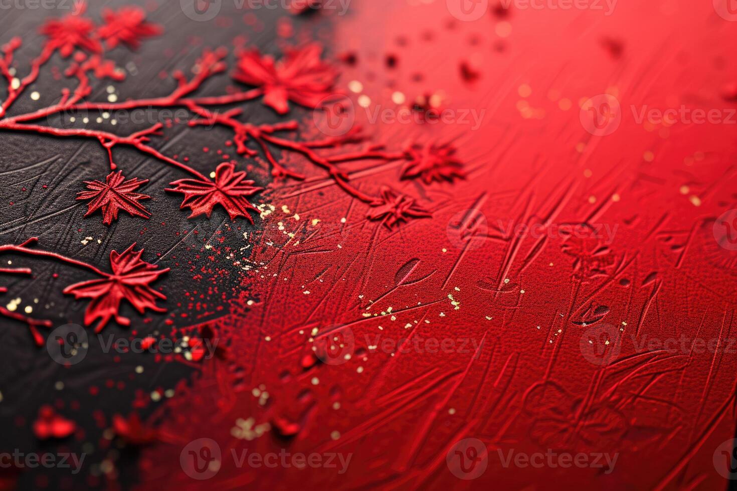 A red and black painting with a tree and leaves photo