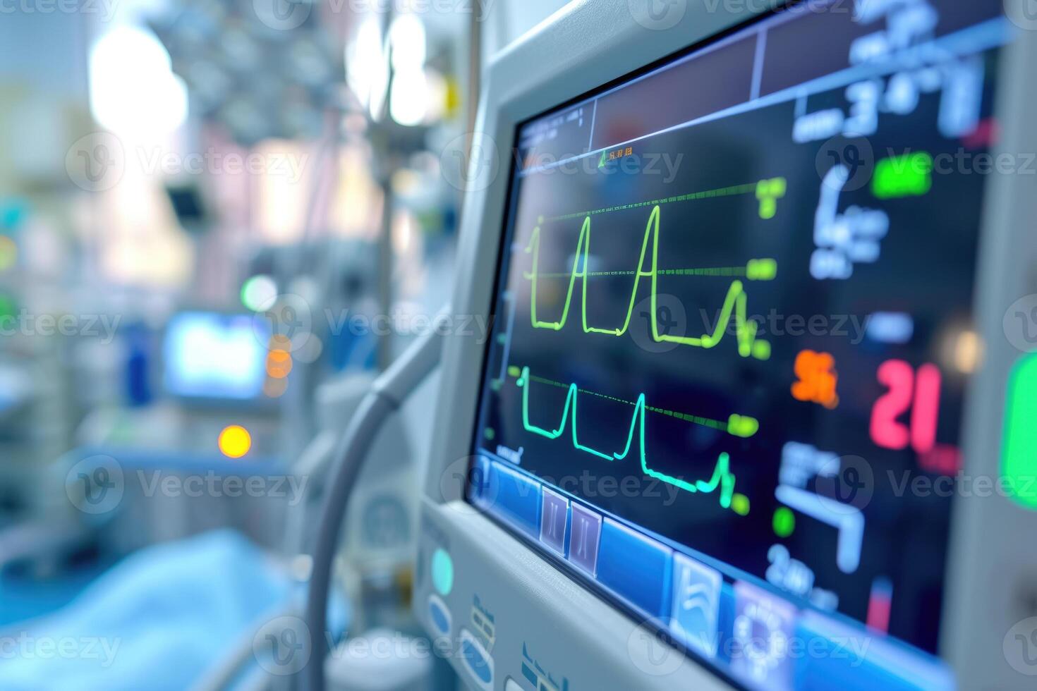 A monitor with an ecg on it in a hospital room photo