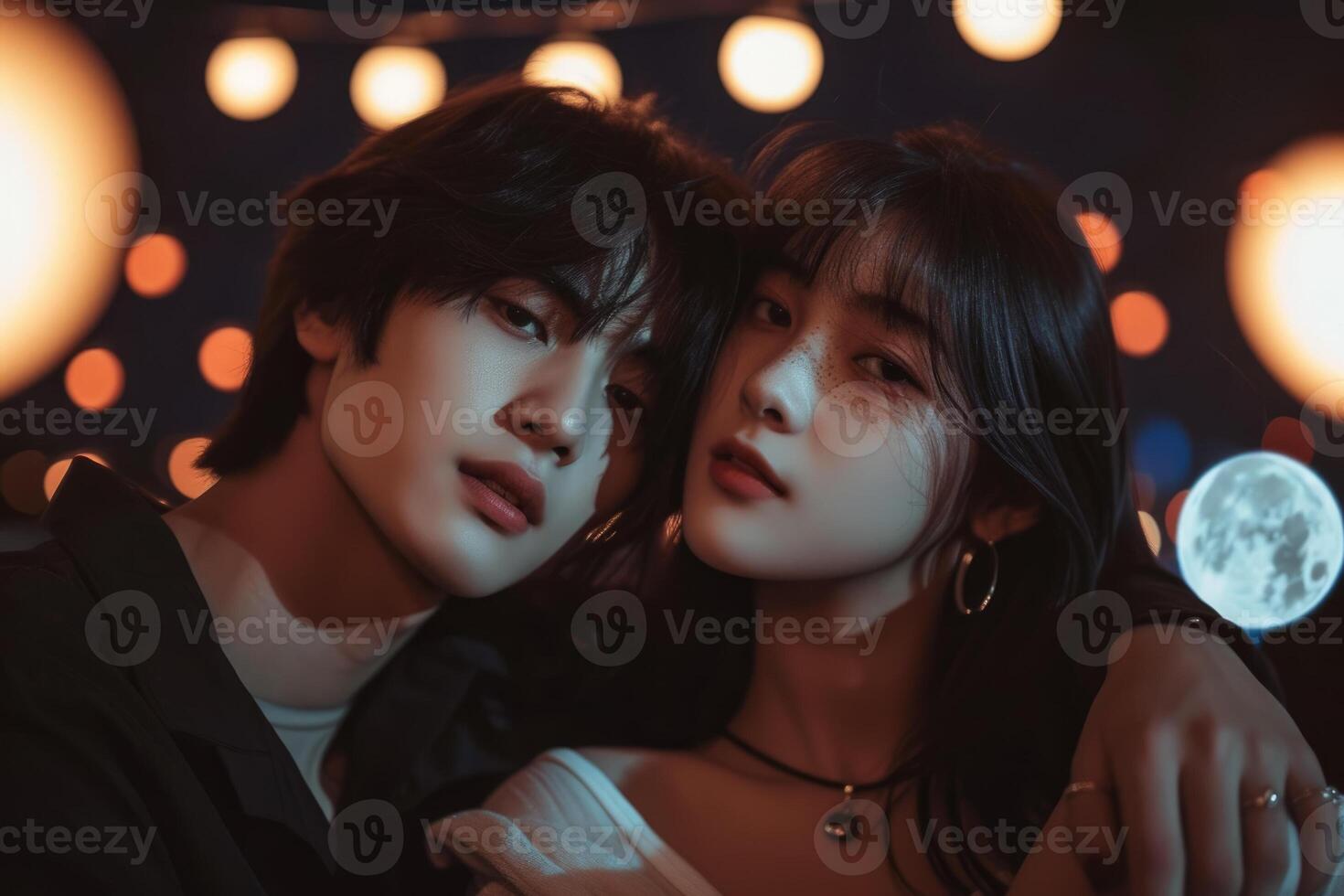 Two young people are posing for a photo in front of lights