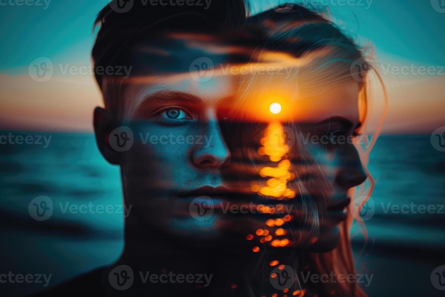 Double exposure of a man and woman with the sun setting in the background photo