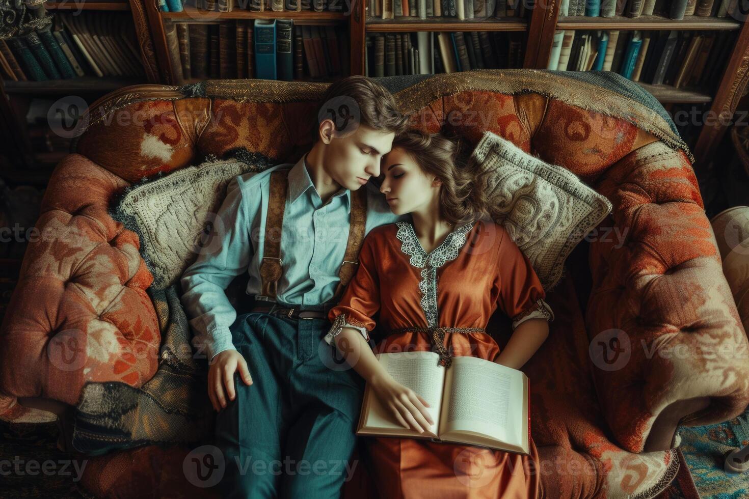 A man and woman sitting on a couch in front of a bookcase photo