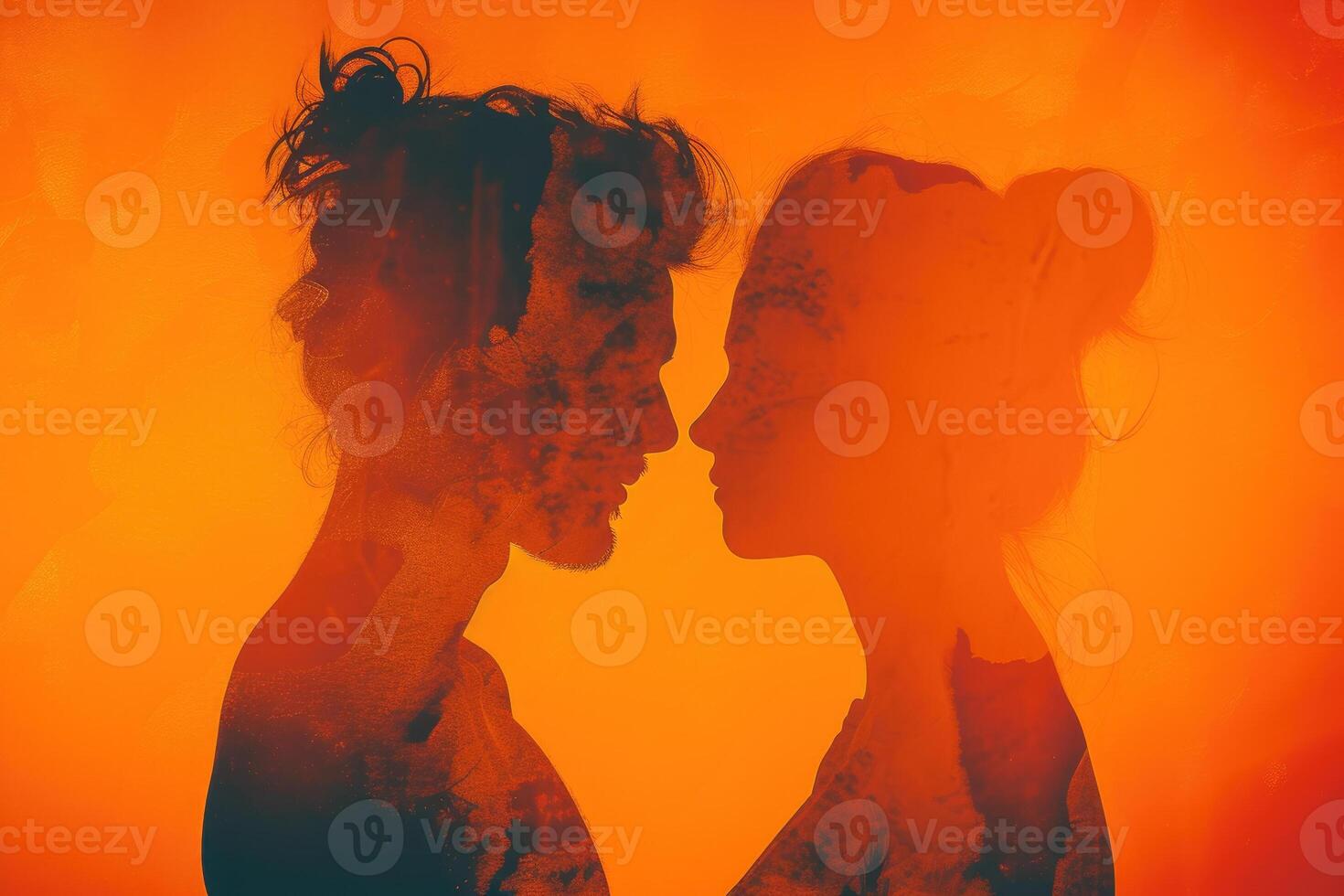 Two people are kissing in front of an orange background photo