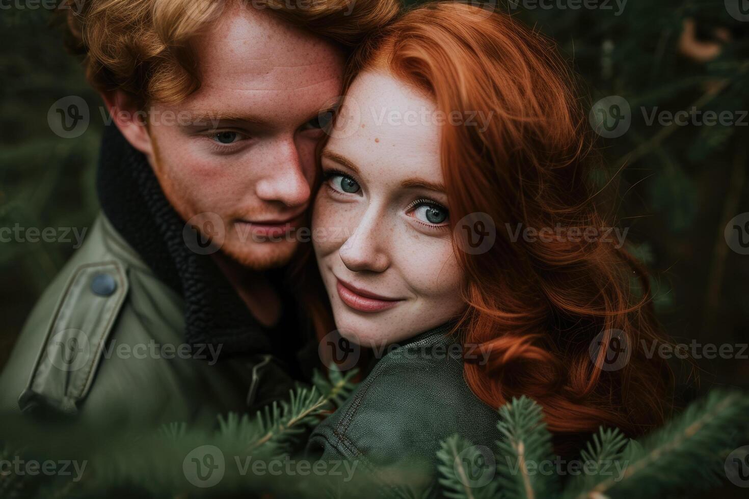 A young couple embracing in a forest photo