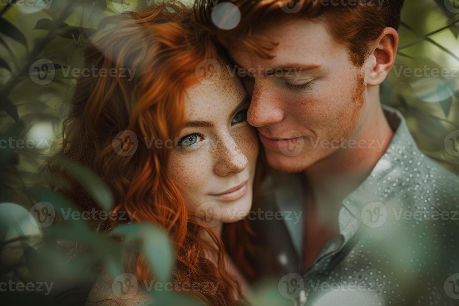 A young man and woman with red hair are posing for a portrait photo