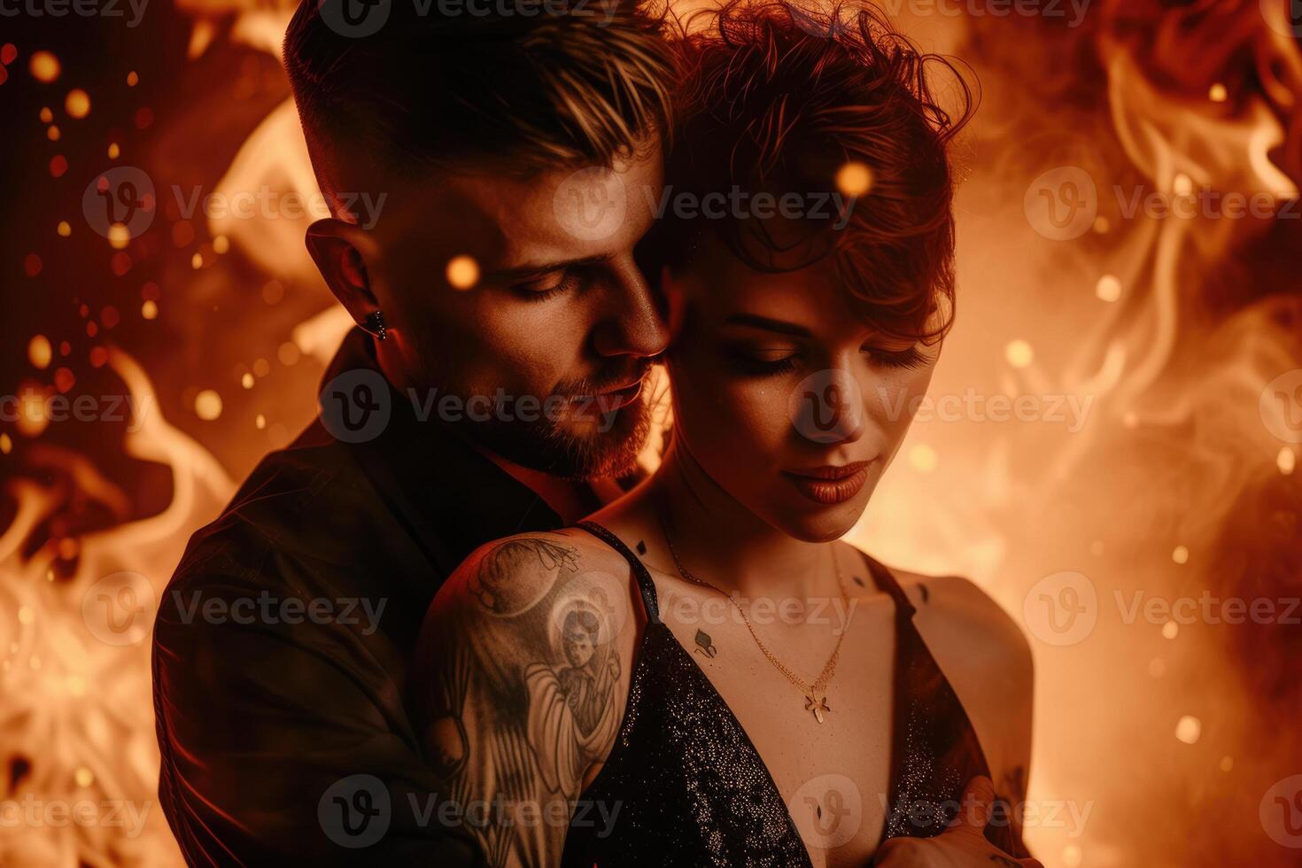 A man and woman are hugging in front of a fire photo