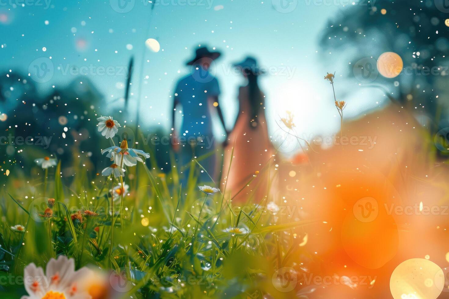 Couple in the field with flowers and raindrops photo