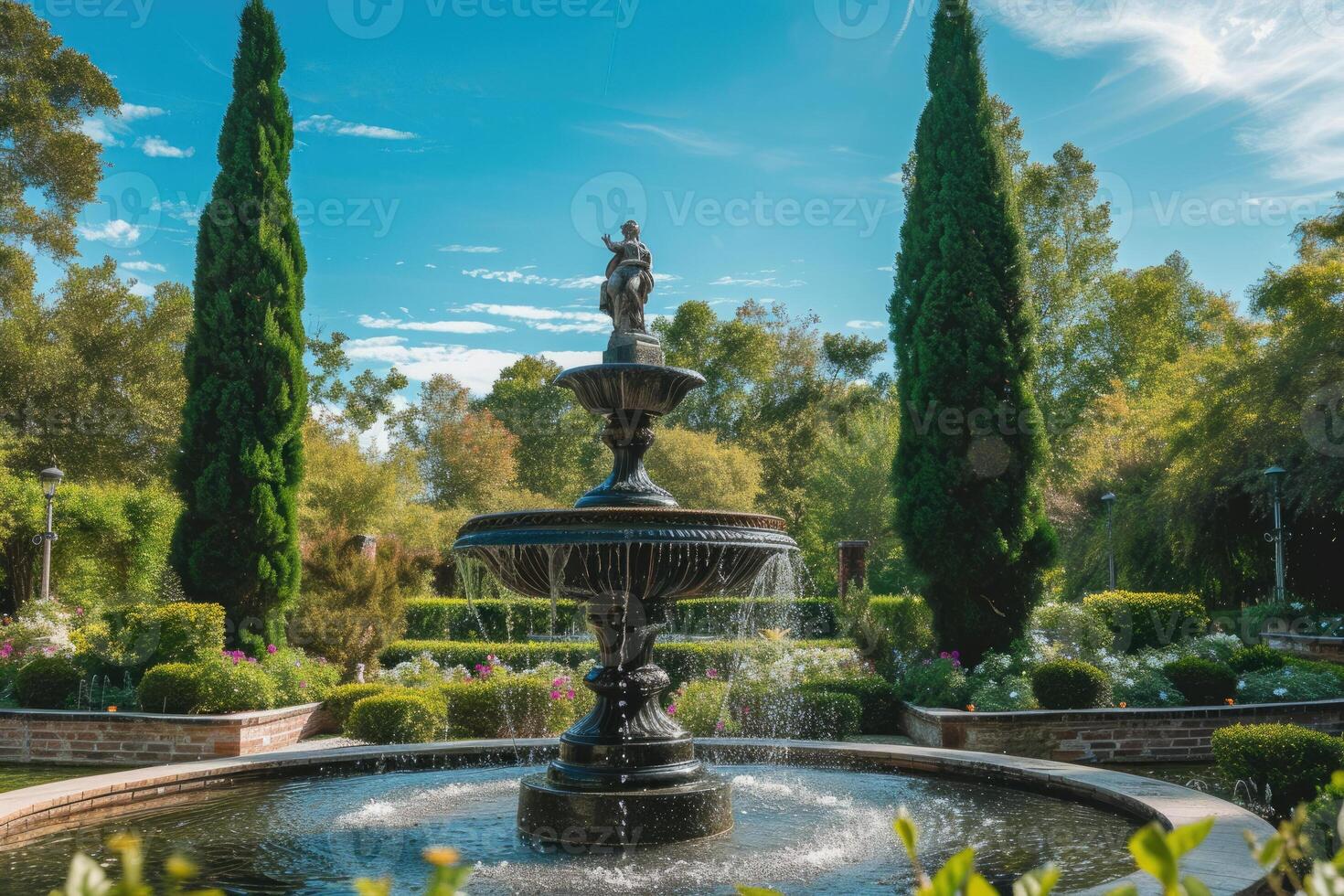 A fountain in a garden with trees and bushes photo
