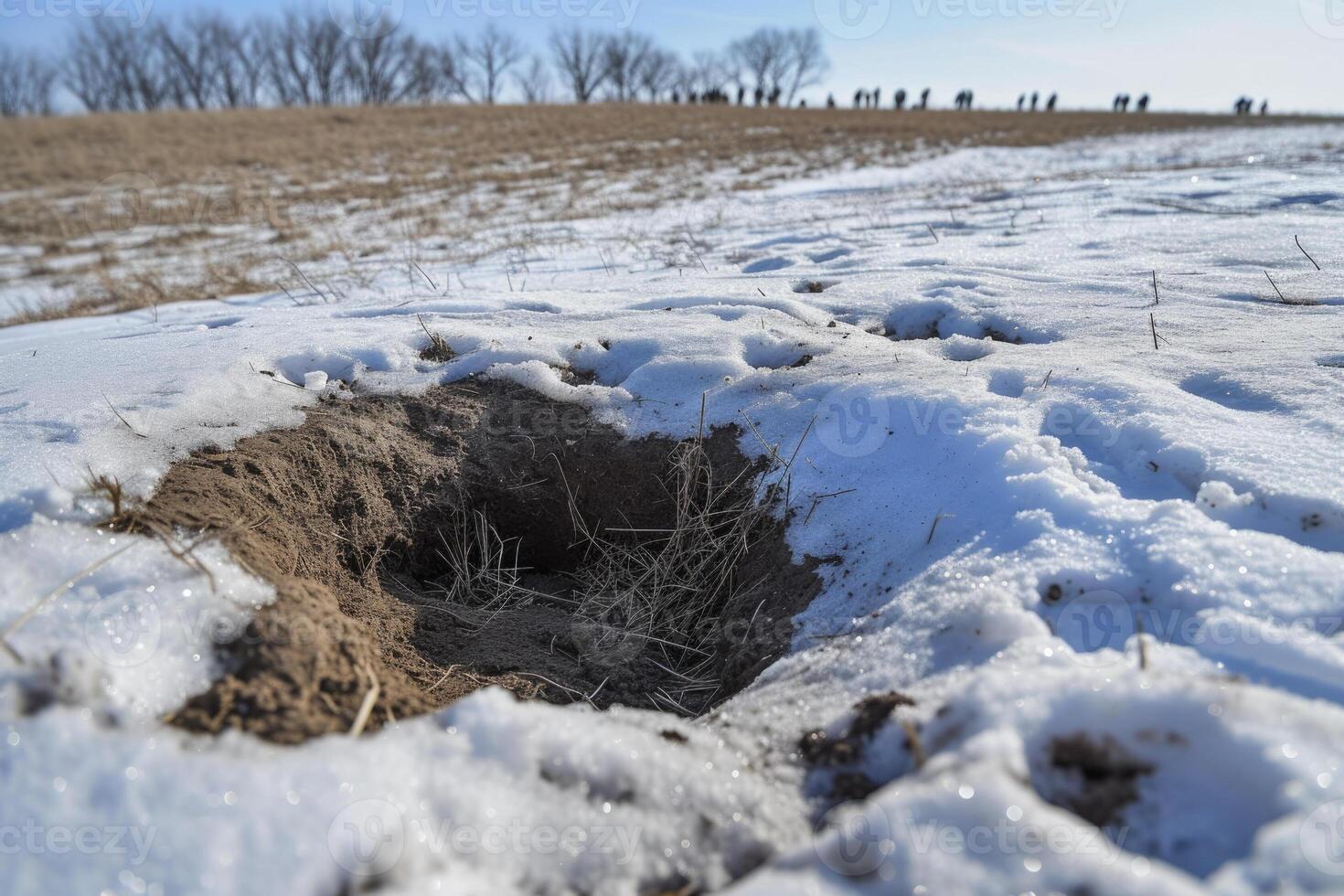 A hole in the snow with people walking in the background photo