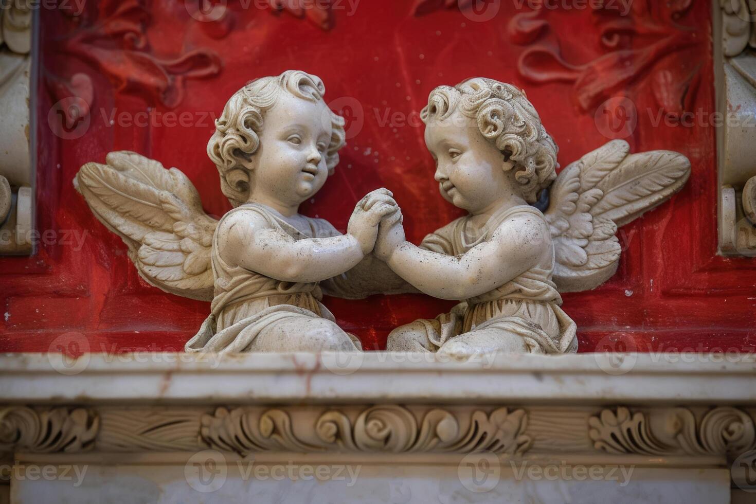 Two angels holding hands on a red wall photo