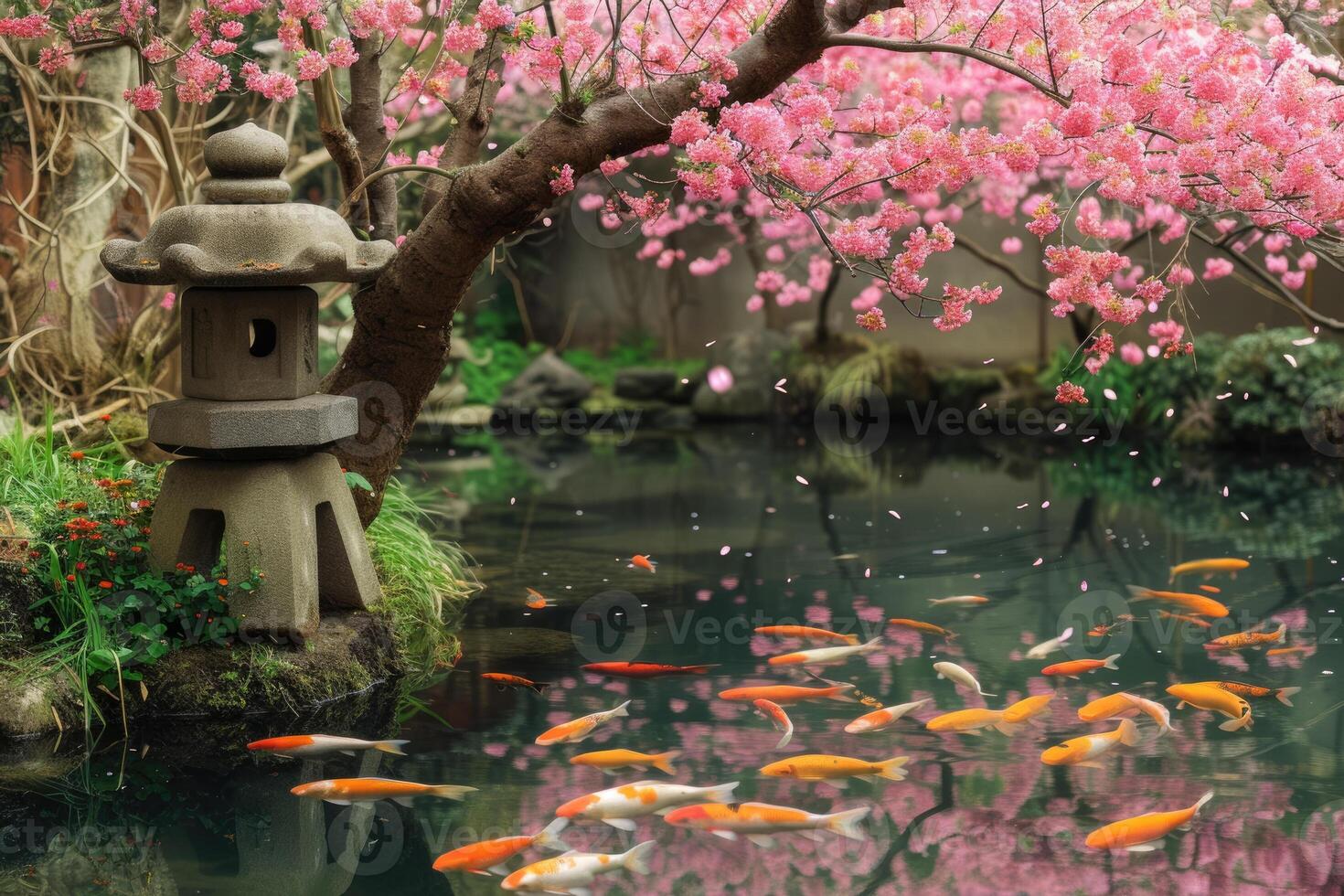A pond with a stone lantern and some fish photo