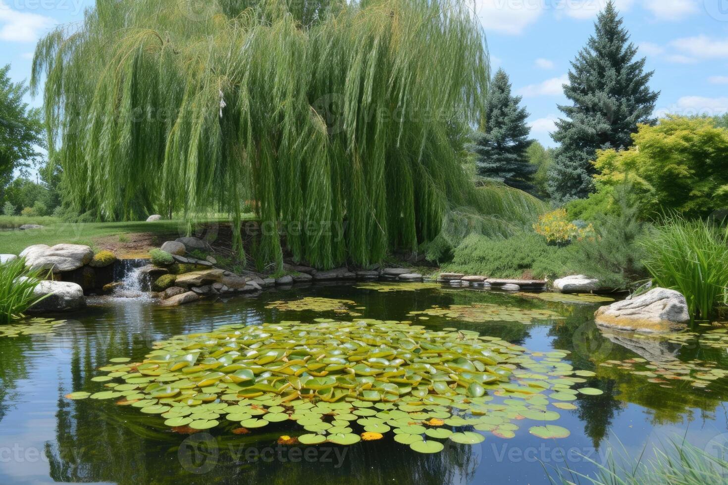 A pond with a willow tree in the middle photo